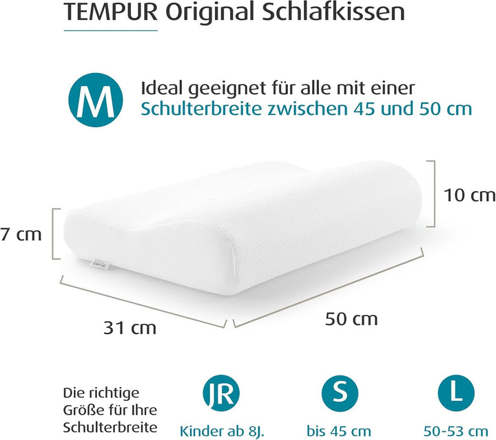 TEMPUR Original Sleeping Pillow Memory Foam, Pernă ergonomică de susținere a gâtului pentru cei care dorm lateral și pe spate, Fermă, M (50 X 31 X 10/7 Cm), Alb