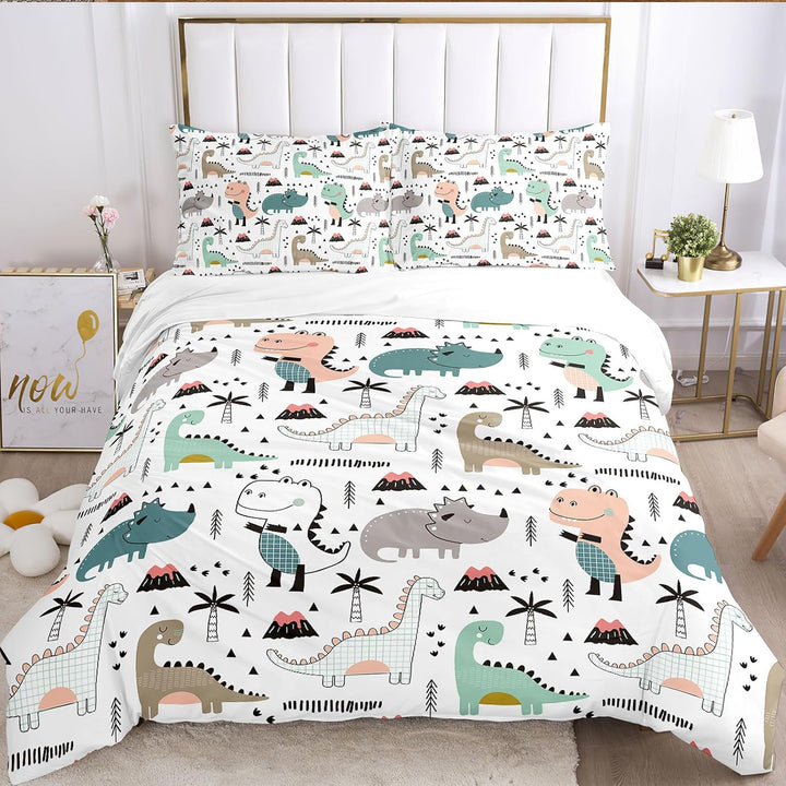 Kinder Bettwäsche Dinosaurier 135X200 Cm, Cartoon Tiere Dino Bettbezug, Niedlicher Dinosaurier Bettwäsche-Set Für Jungen Teens Mit Kissenbezug (A-3, 135 X 200 Cm)