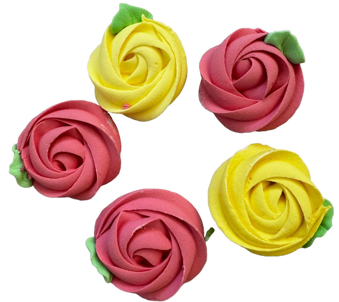 Set of 5 edible meringue decorations, Pink and yellow flowers