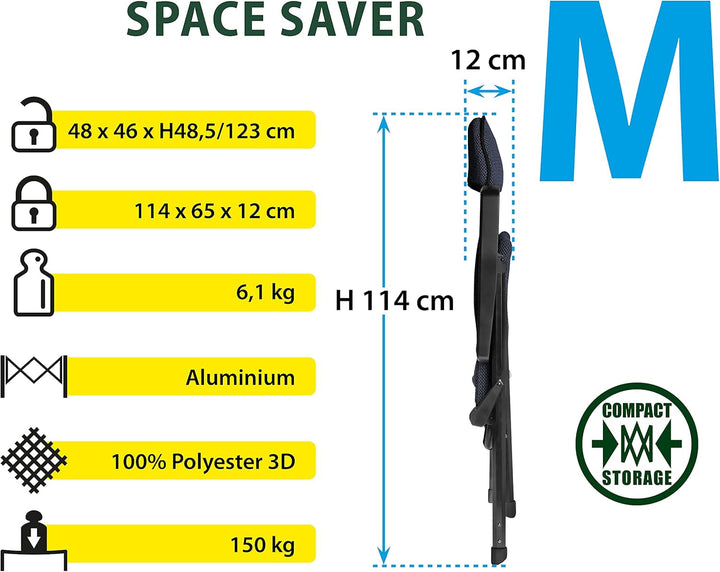 BRUNNER Rebel PRO (S-M-L) Scaun pliabil pentru camping, grădină, terasă Fabricat din aluminiu, reglabil în 5 poziții, cu capacitate de încărcare de până la 150 kg, spătar înalt, negru sau albastru