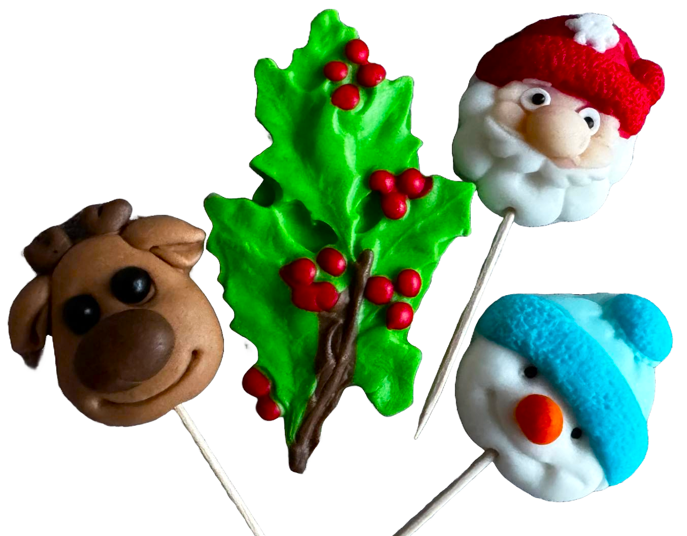 Set of 4 edible sugar paste decorations, Christmas toppers, reindeer, snowman, tree and Santa Claus