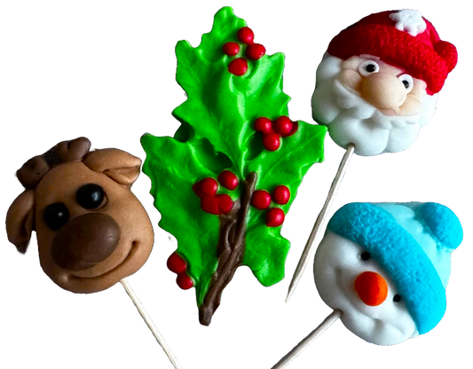 Set of 4 edible sugar paste decorations, Christmas toppers, reindeer, snowman, tree and Santa Claus