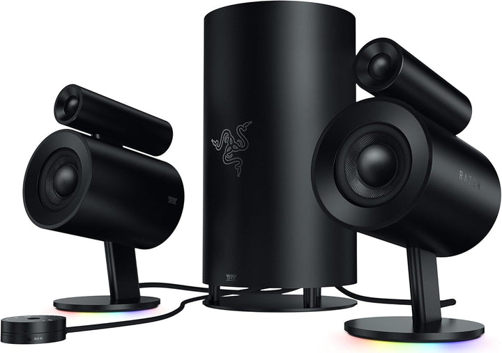 Razer Nommo V2 Pro - Difuzor de jocuri full-range 2.1 pentru PC cu subwoofer wireless (driver full-range de 3 inch cu prize de fază din aluminiu, subwoofer cu focalizare în jos) Negru