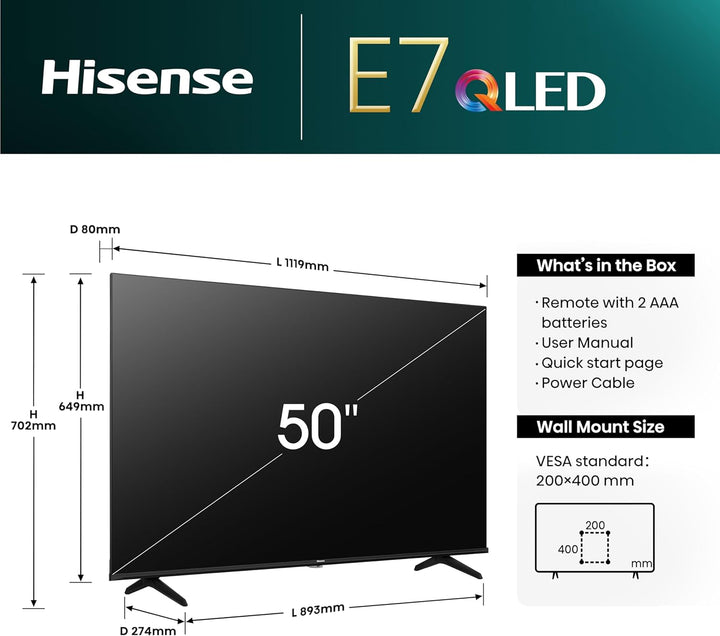 Hisense 50E7NQ 126 Cm (50 Zoll) Fernseher, 4K UHD, QLED, HDR10, HDR10+ Decoding, HLG, Dolby Vision Atmos, 60Hz Panel, Smooth Motion, Bluetooth, Alexa Built-In, VIDAA Voice, Schwarz [2024]
