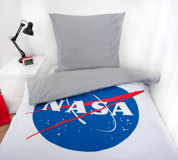 Herding NASA Bettwäsche-Set, Kopfkissenbezug 70 X 90 Cm, Bettbezug 140 X 200 Cm, Mit Leichtläufigem Reißverschluss, 100% Baumwolle/Renforcé, Grau/Weiß