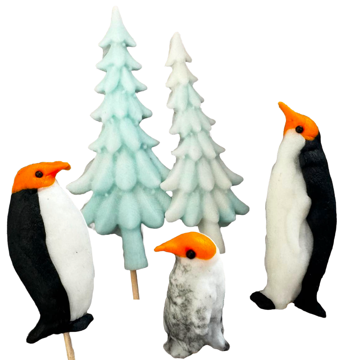 Set of 5 edible sugar paste decorations, Christmas, penguins and fir trees