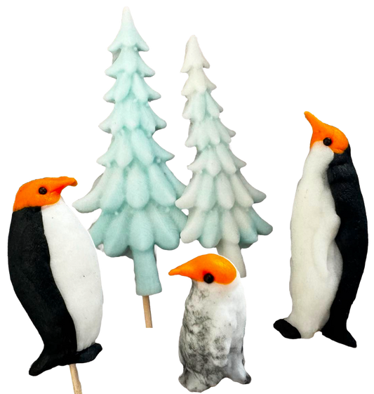 Lot de 5 décorations comestibles en pâte à sucre, Noël, pingouins et sapins de Noël