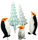 Set of 5 edible sugar paste decorations, Christmas, penguins and fir trees