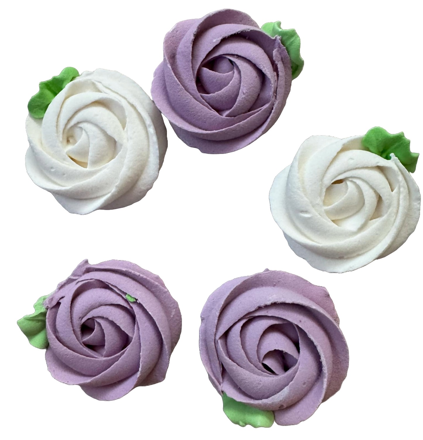 Set of 5 edible meringue decorations, Purple and white flowers