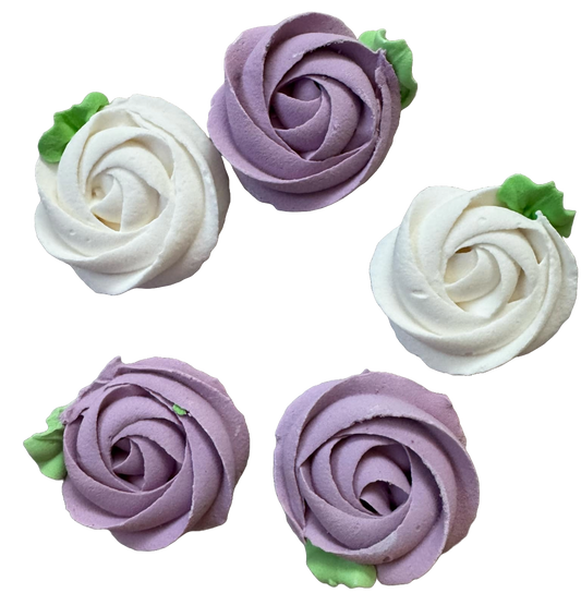 Lot de 5 décorations comestibles en meringue, fleurs violettes et blanches