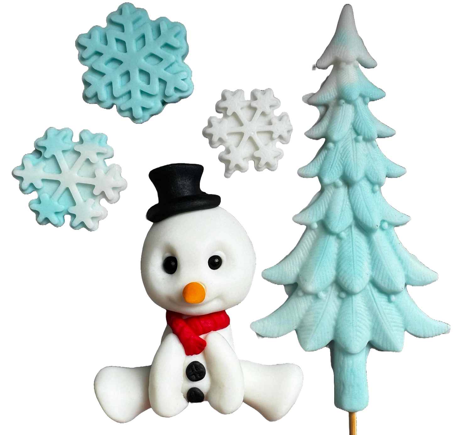 Lot de 5 décorations comestibles en pâte à sucre, Bonhomme de neige, Flocons de neige et Bradut