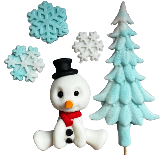 Set of 5 edible sugar paste decorations, Snowman, Snowflakes and Christmas Tree