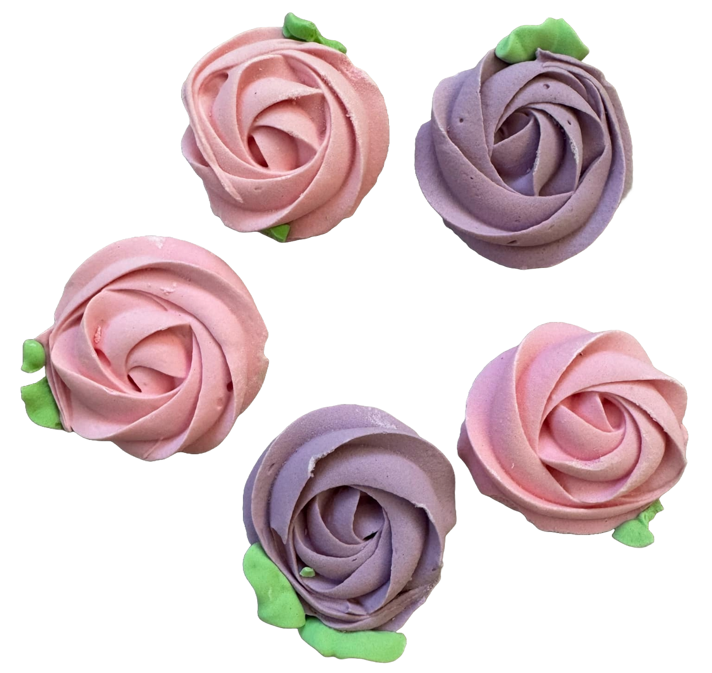 Set of 5 edible meringue decorations, Pink and purple flowers