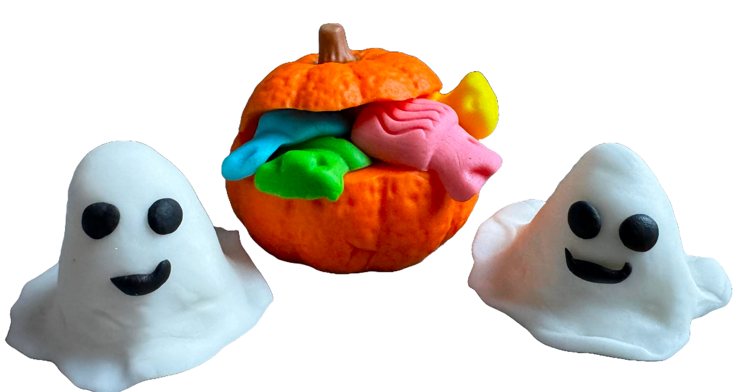 Lot de 3 décorations comestibles en pâte à sucre, Halloween, fantômes et citrouille avec bonbons