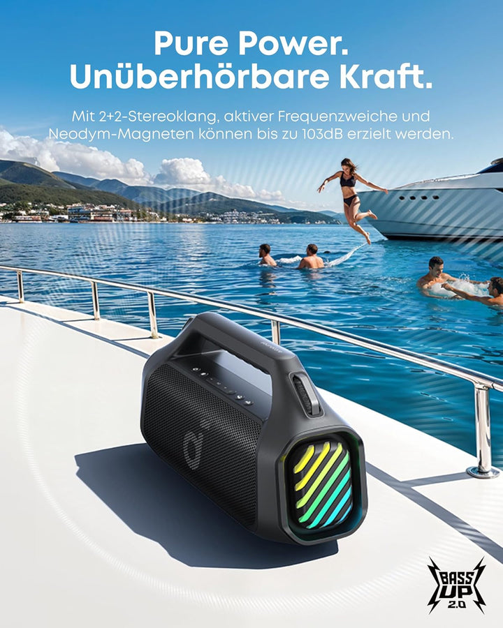 Boxă de exterior Soundcore Boom 2 Pro, 140 W, 2+2 canale, Bassup 2.0, 20 H, încărcare rapidă, IP68 rezistent la praf și apă, lumini RGB, USB-C, power bank, BT 5.3, boxă Bluetooth portabilă