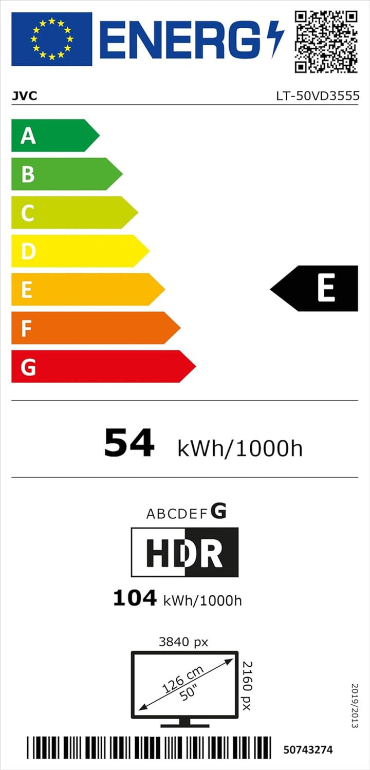 JVC Fernseher 50 Zoll Smart TV VIDAA LT-50VD3555 4K Fernseher UHD, HDR TV Mit Dolby Vision Und Integriertem Triple-Tuner, LED TV Schwarz