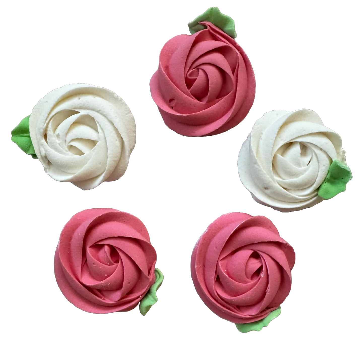 Set of 5 edible meringue decorations, Pink and white flowers