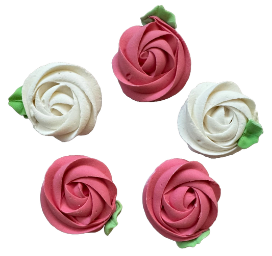 Lot de 5 décorations comestibles en meringue, fleurs roses et blanches