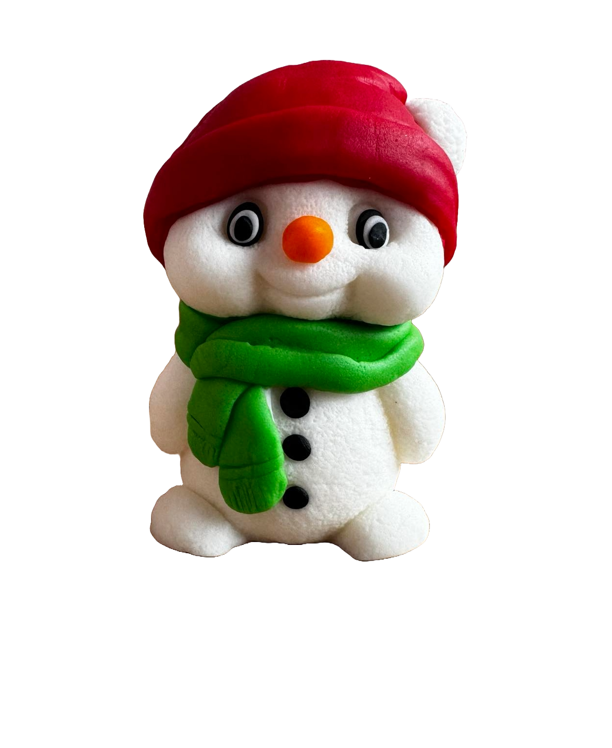 Edible sugar paste decoration, Snowman with green scarf