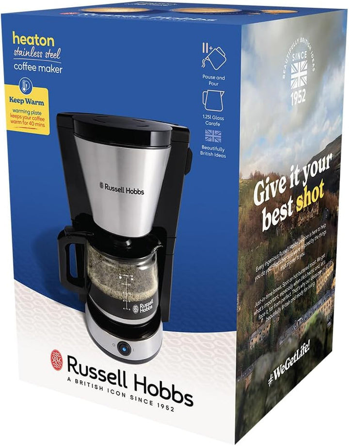 Cafetieră Russell Hobbs (filtru de cafea, ulcior de sticlă de 1,25L, 10 cești, funcție de menținere la cald 40 min., oprire prin picurare, oțel inoxidabil periat, funcție Brew-Now, lumină albastră) Heaton 27400-56