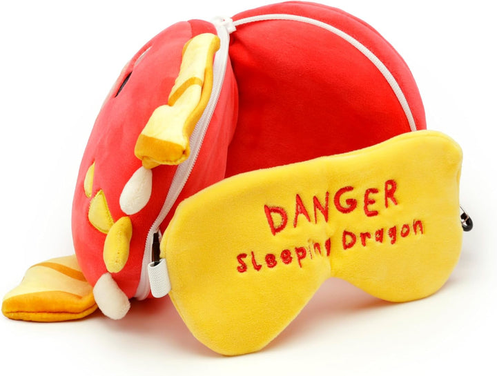 Puckator Relaxeazzz Adoramagics pernă de călătorie rotundă din pluș și mască de ochi cu motiv de dragon - mască de somn din pluș pentru avion - pernă de zbor pentru copii și adulți - mască de somn drăguță