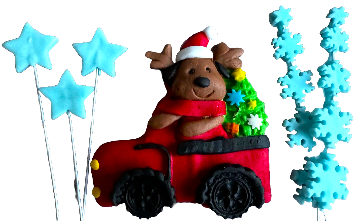 Set of 6 edible sugar paste decorations, Christmas, car, teddy bear, stars and snowflakes