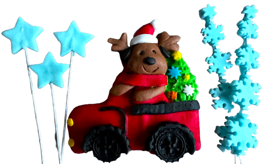 Set of 6 edible sugar paste decorations, Christmas, car, teddy bear, stars and snowflakes