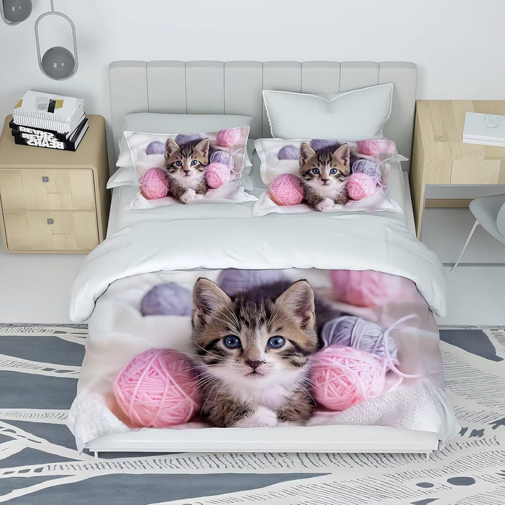 Kids Mädchen Cute Katze Kitty Katzenmotiv Bettwäsche Kinder Katzenbettwäsche Kinderbettwäsche Bed Duvet Cover Bedding Set 135×200Cm