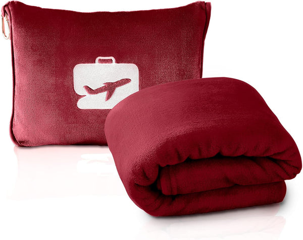 Eversnug Travel Blanket And Pillow - Soft 2 în 1 Airplane Blanket cu Soft Pocket Pillow Cover, Handbag Cover And Backpack Holder (Burgundy Red)