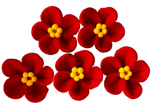 Set of 5 edible sugar paste decorations, Red flowers