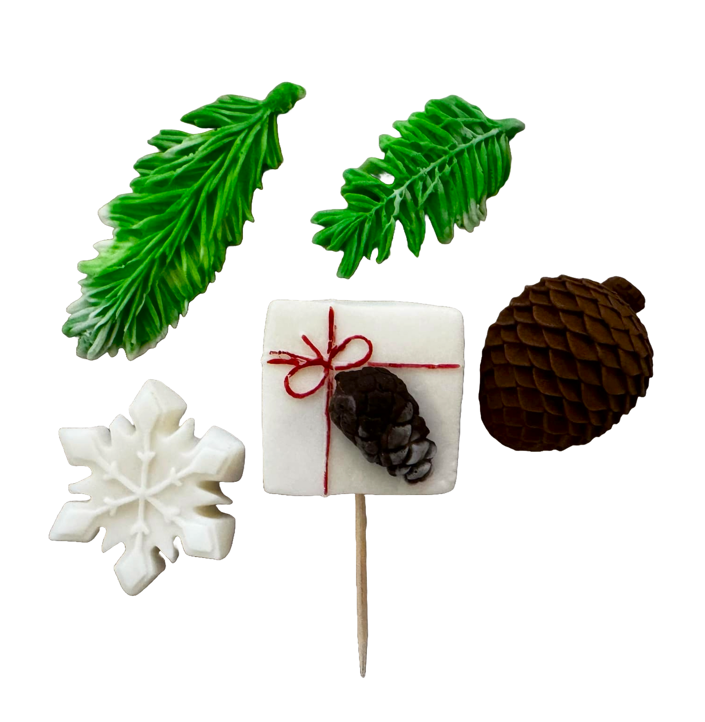 Set of 5 edible sugar paste decorations, Winter, fir needles, snowflake, cone