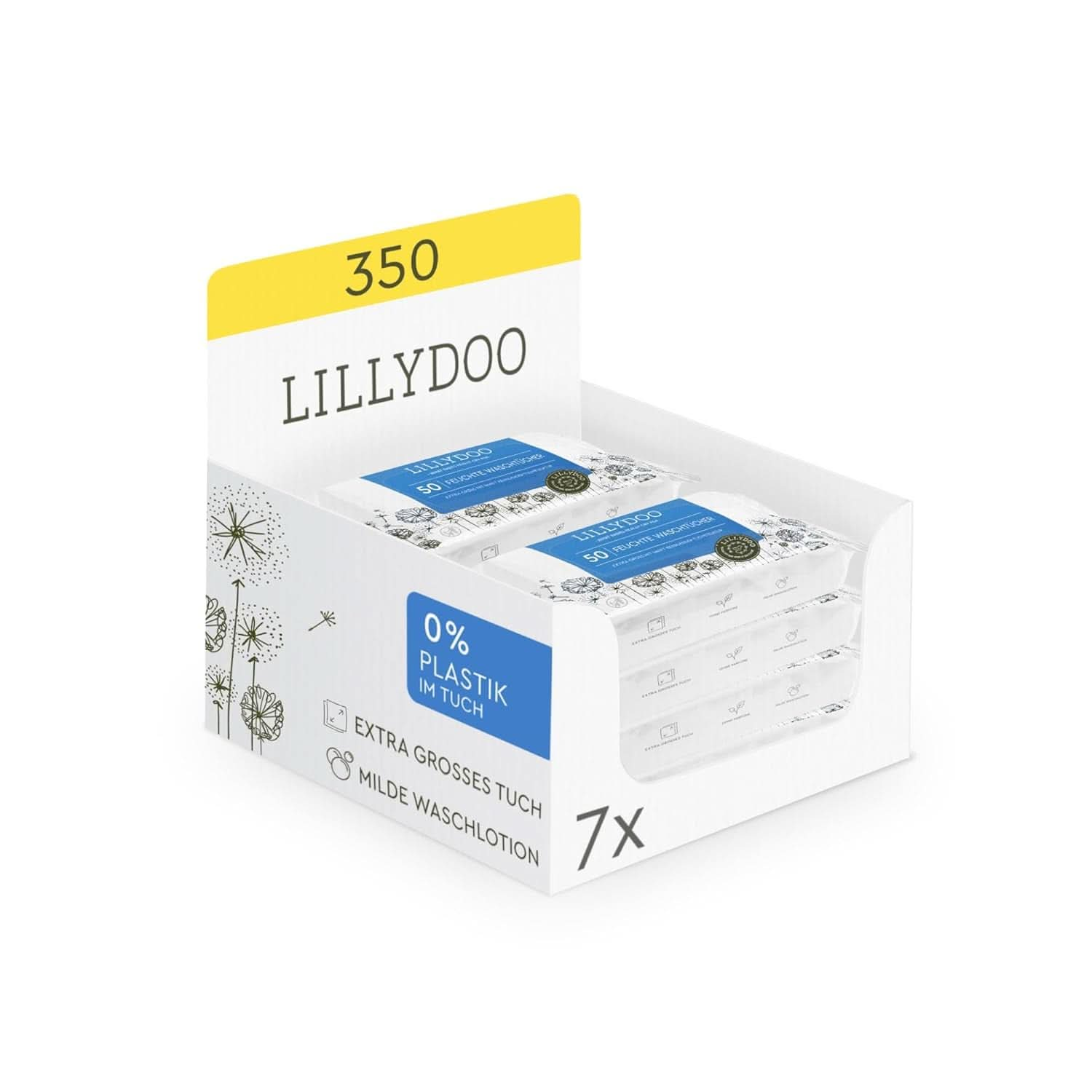 LILLYDOO Feuchte Waschtücher 350 Stück (7 X 50), 100% Plastikfrei, Extra Großes Tuch, Ohne Parfüme