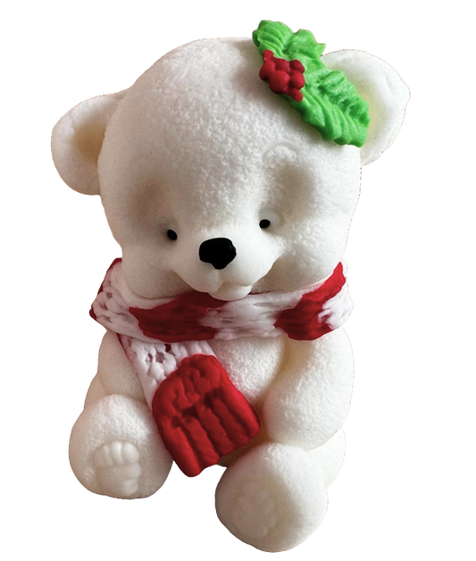 Edible sugar paste decoration, Teddy bear with red-white scarf and leaves