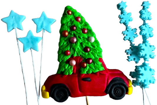 Set of 6 edible sugar paste decorations, Christmas, car, tree, stars and snowflakes