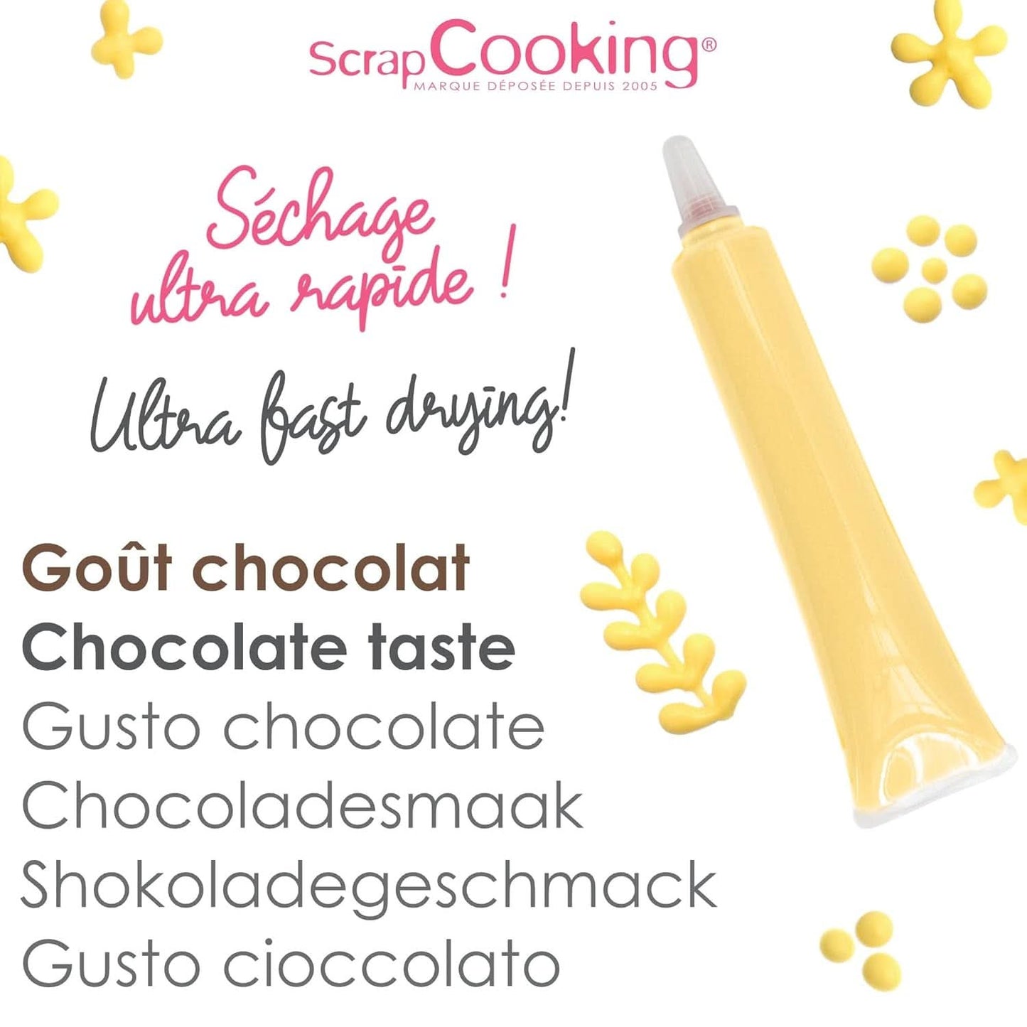 Scrapcooking - Chocolate Stick Pastel Yellow, 25 grame, stick de zahăr comestibil, scriere și desen, etichetare fondant, glazuri, prăjituri