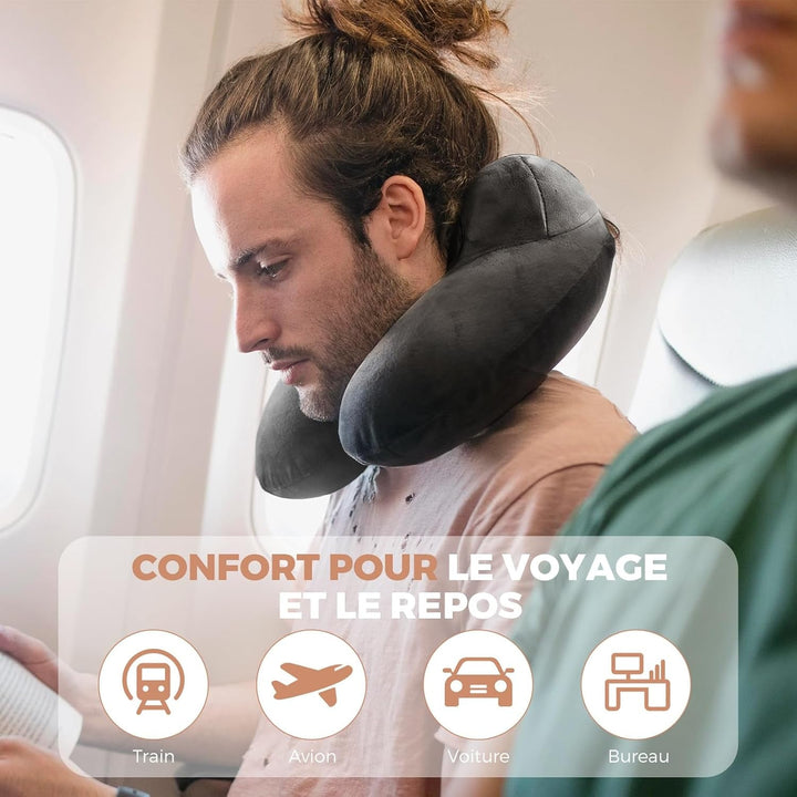 Pernă de călătorie gonflabilă, pernă de călătorie cu mască de somn + dopuri pentru urechi + sac de transport, super ușor și portabil, ideal pentru avion, mașină, casă, birou, negru