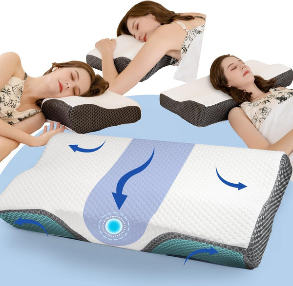 Pernă IDEA, pernă ortopedică ergonomică pentru dureri de gât, pernă din spumă de memorie pentru dormitori laterali, spate și abdominali, pernă anti sforăit pentru bărbați femei (62 * 34,5 * 12/8CM)