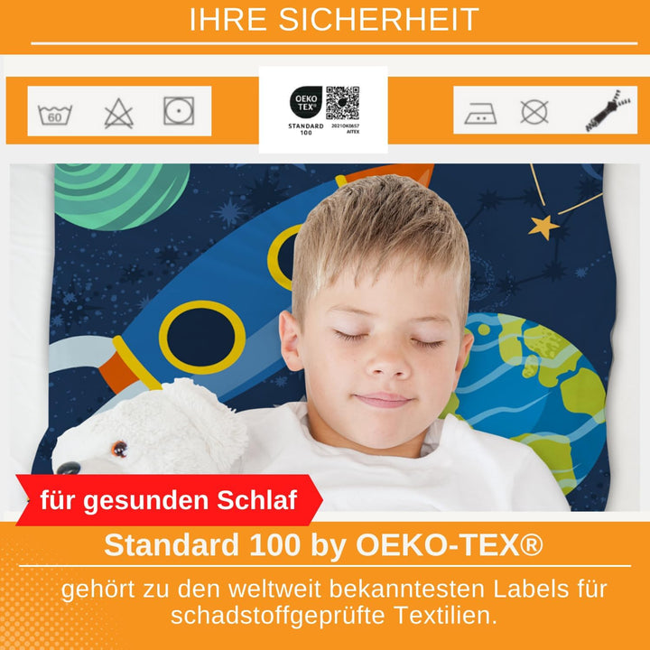 Aminata Kids Weltraum Bettwäsche Kinder 100X135 Cm 40X60 Cm - Kinderbettwäsche Weltall-Motiv - Jungen Rakete Baumwolle Reißverschluss Blau