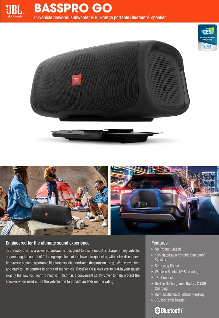 JBL BASSPRO Go - 2 în 1: Subwoofer activ pentru mașină și difuzor de petrecere Bluetooth de 200 Watt într-unul singur - poate fi utilizat în mașină și lângă ea, negru
