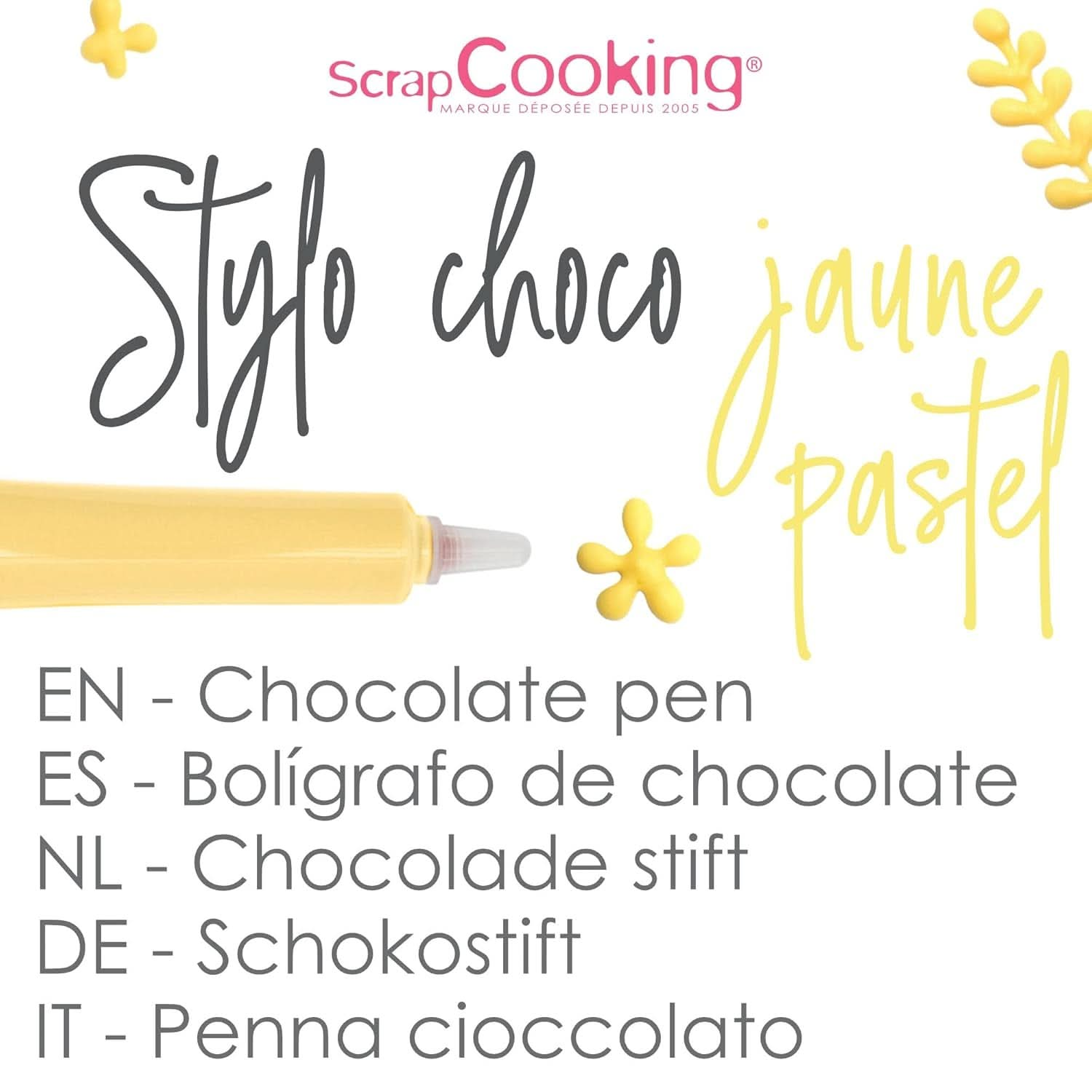 Scrapcooking - Chocolate Stick Pastel Yellow, 25 grame, stick de zahăr comestibil, scriere și desen, etichetare fondant, glazuri, prăjituri