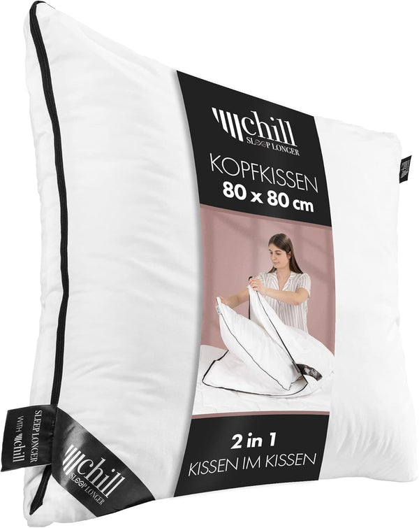 Pernă 80X80 Cm - design 2 în 1 - pernă în pernă - pernă de dormit mare respirabilă și lavabilă și 100% vegană - 2 perne 3 opțiuni - pernă cu umplutură 600G & 1200G