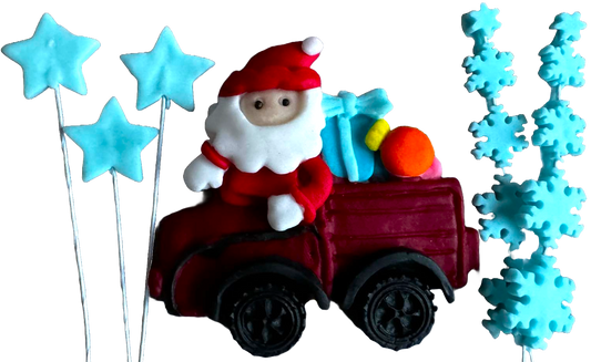 Set of 6 edible sugar paste decorations, Christmas, Santa Claus car, stars and snowflakes